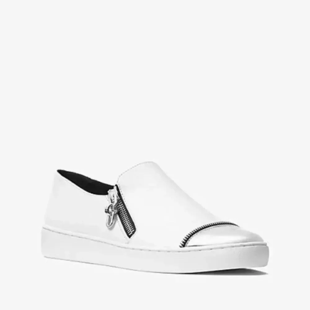 Michael Kors Grayson Slip On Leather Sneakers Shoes 8.5 White Metallic Gray Zip